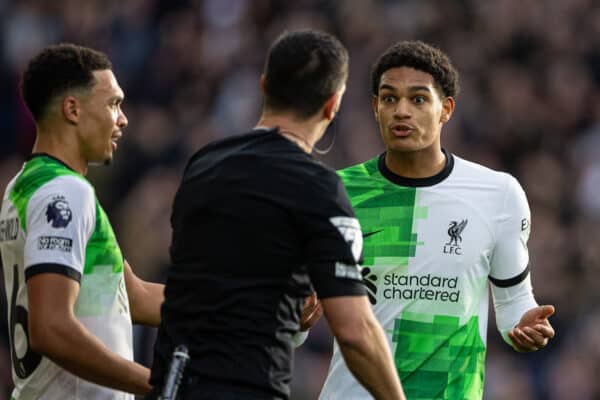 LONDON, ENGLAND - Saturday, December 9, 2023: Liverpool's Jarell Quansah reacts as referee Andrew Madley awards a penalty three minutes after play continued during the FA Premier League match between Crystal Palace FC and Liverpool FC at Selhurst Park. Liverpool won 2-1. (Photo by David Rawcliffe/Propaganda)