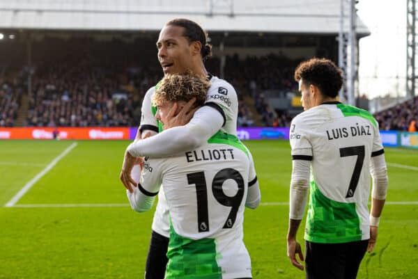 LONDON, ENGLAND - Saturday, December 9, 2023: Liverpool's match-winning goal-scorer Harvey Elliott celebrates with captain Virgil van Dijk during the FA Premier League match between Crystal Palace FC and Liverpool FC at Selhurst Park. Liverpool won 2-1. (Photo by David Rawcliffe/Propaganda)