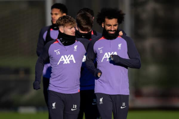 LIVERPOOL, ENGLAND - Wednesday, December 13, 2023: Liverpool's Harvey Elliott (L) and Mohamed Salah during a training session at the AXA Training Centre ahead of the UEFA Europa League Group E match between Royale Union Saint-Gilloise and Liverpool FC. (Photo by Jessica Hornby/Propaganda)