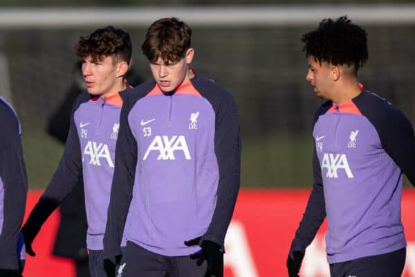 LIVERPOOL, ENGLAND - Wednesday, December 13, 2023: Liverpool's Luke Chambers, Ben Doak, Lewis Koumas, James McConnell and Kaide Gordon during a training session at the AXA Training Centre ahead of the UEFA Europa League Group E match between Royale Union Saint-Gilloise and Liverpool FC. (Photo by Jessica Hornby/Propaganda)