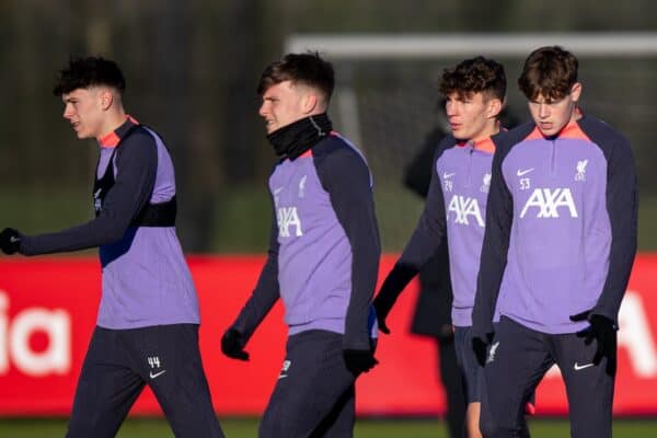 LIVERPOOL, ENGLAND - Wednesday, December 13, 2023: Liverpool's Luke Chambers, Ben Doak, Lewis Koumas, James McConnell and Kaide Gordon during a training session at the AXA Training Centre ahead of the UEFA Europa League Group E match between Royale Union Saint-Gilloise and Liverpool FC. (Photo by Jessica Hornby/Propaganda)