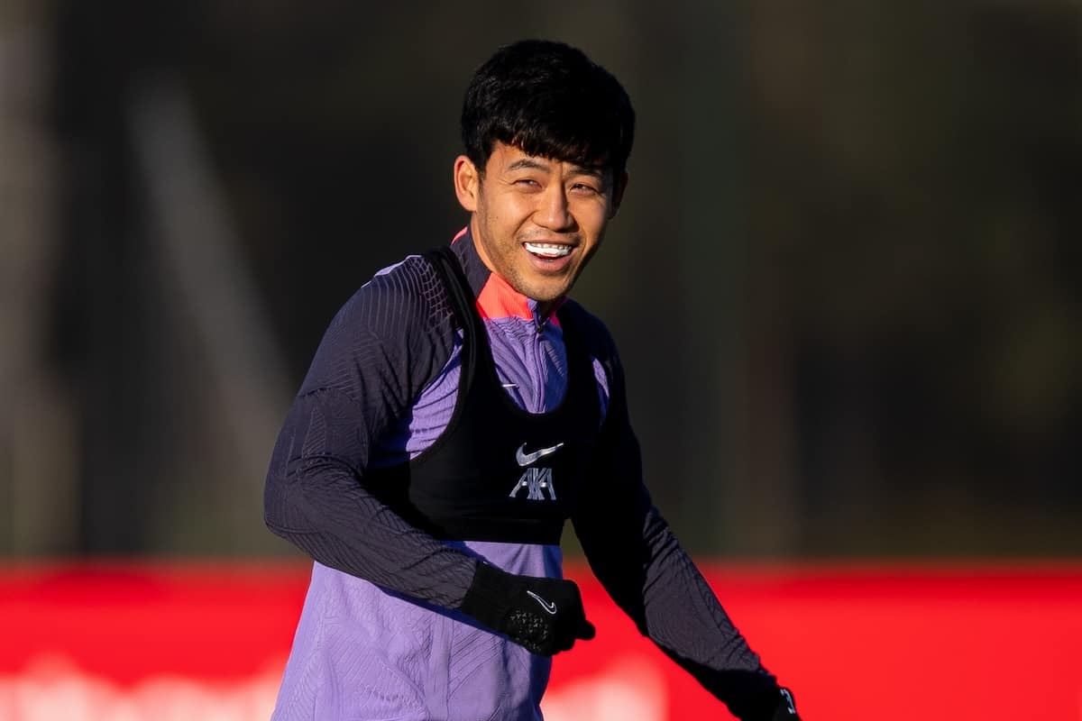 LIVERPOOL, ENGLAND - Wednesday, December 13, 2023: Liverpool's Wataru End? during a training session at the AXA Training Centre ahead of the UEFA Europa League Group E match between Royale Union Saint-Gilloise and Liverpool FC. (Photo by Jessica Hornby/Propaganda)