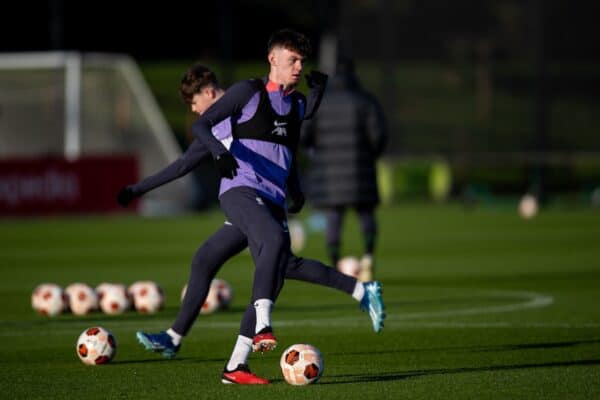 LIVERPOOL, ENGLAND - Wednesday, December 13, 2023: Liverpool's Conor Bradley during a training session at the AXA Training Centre ahead of the UEFA Europa League Group E match between Royale Union Saint-Gilloise and Liverpool FC. (Photo by Jessica Hornby/Propaganda)