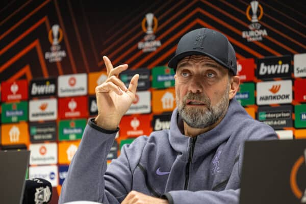 BRUSSELS, BELGIUM - Wednesday, December 13, 2023: Liverpool's manager Jürgen Klopp during a press conference at the Constant Vanden Stock Stadium ahead of the UEFA Europa League Group E matchday 6 game between Royale Union Saint-Gilloise and Liverpool FC. (Photo by David Rawcliffe/Propaganda)