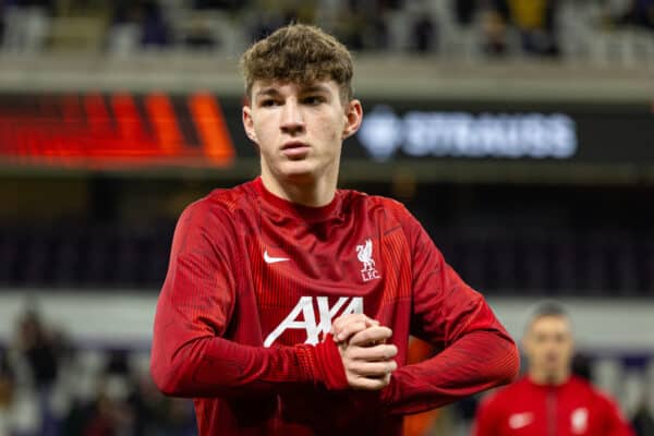 BRUSSELS, BELGIUM - Thursday, December 14, 2023: Liverpool's Lewis Koumas during the pre-match warm-up before the UEFA Europa League Group E match-day 6 game between Royale Union Saint-Gilloise and Liverpool FC at the Constant Vanden Stock Stadium. Union SG won 2-1. (Photo by David Rawcliffe/Propaganda)