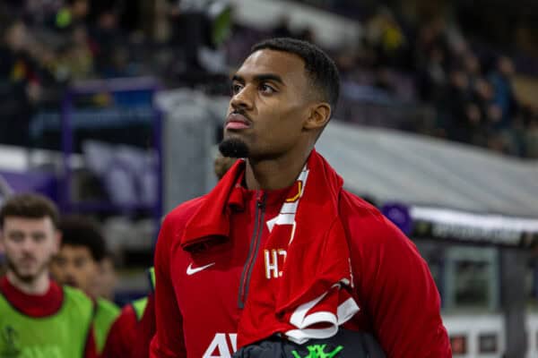 BRUSSELS, BELGIUM - Thursday, December 14, 2023: Liverpool's substitute Ryan Gravenberch before the UEFA Europa League Group E match-day 6 game between Royale Union Saint-Gilloise and Liverpool FC at the Constant Vanden Stock Stadium. Union SG won 2-1. (Photo by David Rawcliffe/Propaganda)