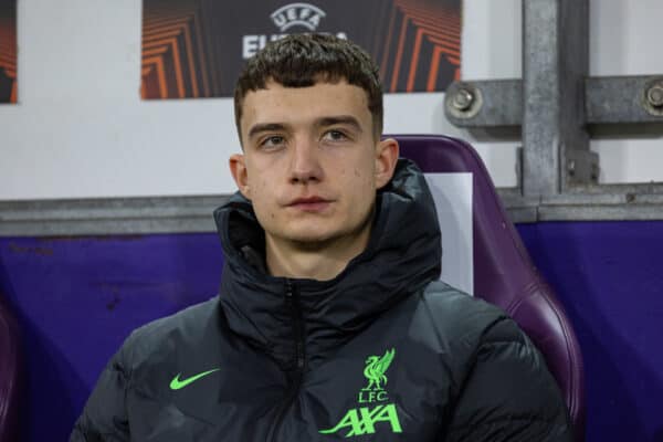 BRUSSELS, BELGIUM - Thursday, December 14, 2023: Liverpool's substitute goalkeeper Fabian Mrozek on the bench before the UEFA Europa League Group E match-day 6 game between Royale Union Saint-Gilloise and Liverpool FC at the Constant Vanden Stock Stadium. Union SG won 2-1. (Photo by David Rawcliffe/Propaganda)