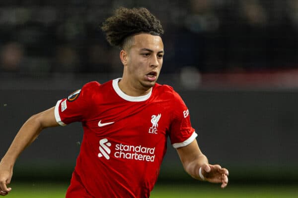 BRUSSELS, BELGIUM - Thursday, December 14, 2023: Liverpool's Kaide Gordon during the UEFA Europa League Group E match-day 6 game between Royale Union Saint-Gilloise and Liverpool FC at the Constant Vanden Stock Stadium. Union SG won 2-1. (Photo by David Rawcliffe/Propaganda)