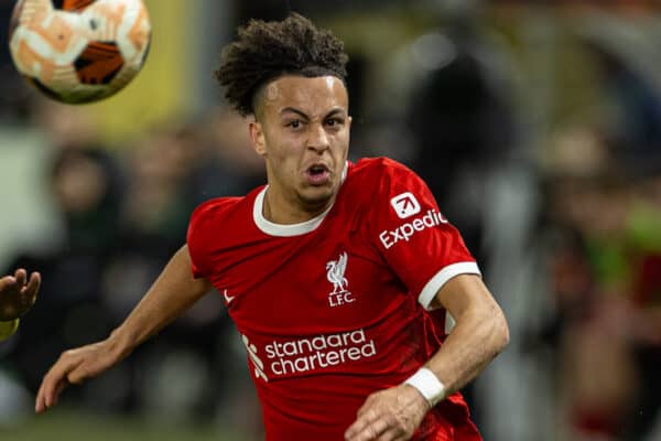 BRUSSELS, BELGIUM - Thursday, December 14, 2023: Liverpool's Kaide Gordon (R) during the UEFA Europa League Group E match-day 6 game between Royale Union Saint-Gilloise and Liverpool FC at the Constant Vanden Stock Stadium. Union SG won 2-1. (Photo by David Rawcliffe/Propaganda)