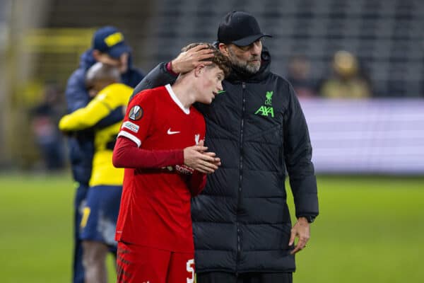 BRUSSELS, BELGIUM - Thursday, December 14, 2023: Liverpool's manager Jürgen Klopp with James McConnell after the UEFA Europa League Group E match-day 6 game between Royale Union Saint-Gilloise and Liverpool FC at the Constant Vanden Stock Stadium. Union SG won 2-1. (Photo by David Rawcliffe/Propaganda)