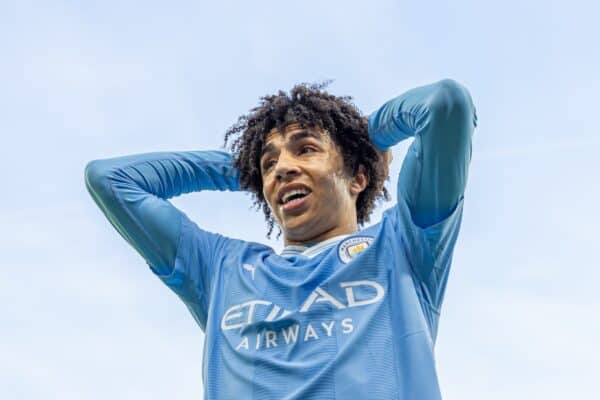 MANCHESTER, ENGLAND - Saturday, December 16, 2023: Manchester City's Rico Mark Lewis looks dejected after missing a chance during the FA Premier League match between Manchester City FC and Crystal Palace FC at the City of Manchester Stadium. The game ended in a 2-2 draw. (Photo by David Rawcliffe/Propaganda)