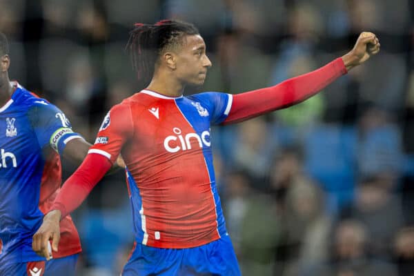 MANCHESTER, ENGLAND - Saturday, December 16, 2023: Crystal Palace's Michael Olise celebrates after scoring the second goal to level the score at 2-2 in injury time during the FA Premier League match between Manchester City FC and Crystal Palace FC at the City of Manchester Stadium. The game ended in a 2-2 draw. (Photo by David Rawcliffe/Propaganda)