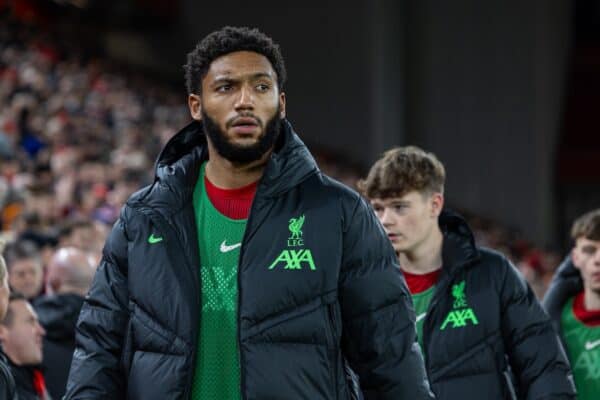 LIVERPOOL, ENGLAND - Sunday, December 17, 2023: Liverpool's substitute Joe Gomez before the FA Premier League match between Liverpool FC and Manchester United FC at Anfield. The game ended in a goal-less draw. (Photo by David Rawcliffe/Propaganda)