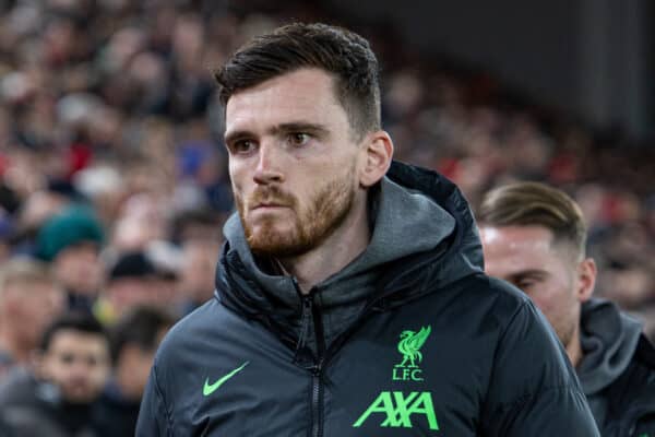 LIVERPOOL, ENGLAND - Sunday, December 17, 2023: Liverpool's injured Andy Robertson before the FA Premier League match between Liverpool FC and Manchester United FC at Anfield. The game ended in a goal-less draw. (Photo by David Rawcliffe/Propaganda)