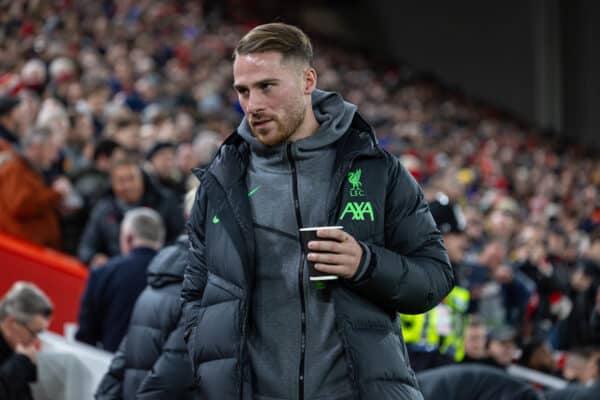 LIVERPOOL, ENGLAND - Sunday, December 17, 2023: Liverpool's injured Alexis Mac Allister before the FA Premier League match between Liverpool FC and Manchester United FC at Anfield. The game ended in a goal-less draw. (Photo by David Rawcliffe/Propaganda)