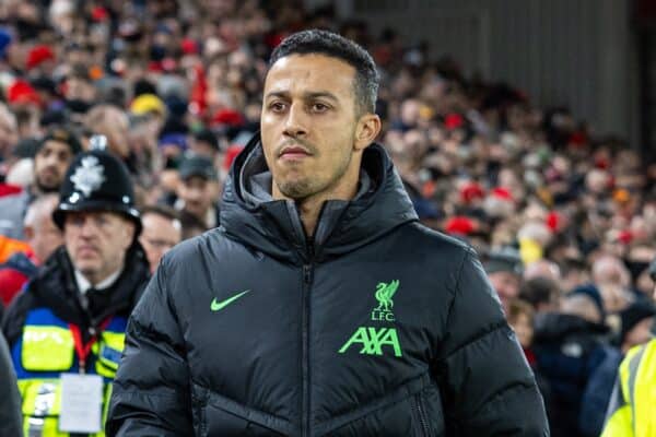 LIVERPOOL, ENGLAND - Sunday, December 17, 2023: Liverpool's injured Thiago Alcântara before the FA Premier League match between Liverpool FC and Manchester United FC at Anfield. The game ended in a goal-less draw. (Photo by David Rawcliffe/Propaganda)