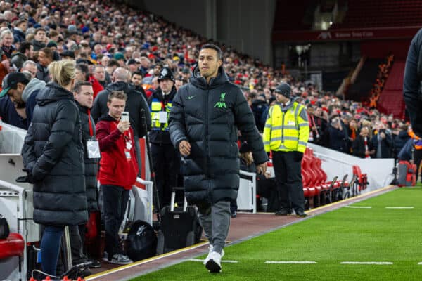 LIVERPOOL, ENGLAND - Sunday, December 17, 2023: Liverpool's injured Thiago Alcântara before the FA Premier League match between Liverpool FC and Manchester United FC at Anfield. The game ended in a goal-less draw. (Photo by David Rawcliffe/Propaganda)