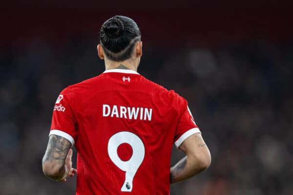 LIVERPOOL, ENGLAND - Sunday, December 17, 2023: Liverpool's Darwin Núñez during the FA Premier League match between Liverpool FC and Manchester United FC at Anfield. The game ended in a goal-less draw. (Photo by David Rawcliffe/Propaganda)