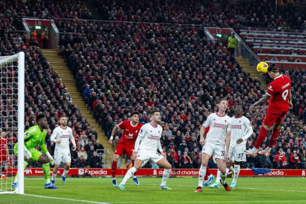 LIVERPOOL, ENGLAND - Sunday, December 17, 2023: Liverpool's Darwin Núñez heads towards goal during the FA Premier League match between Liverpool FC and Manchester United FC at Anfield. The game ended in a goal-less draw. (Photo by David Rawcliffe/Propaganda)