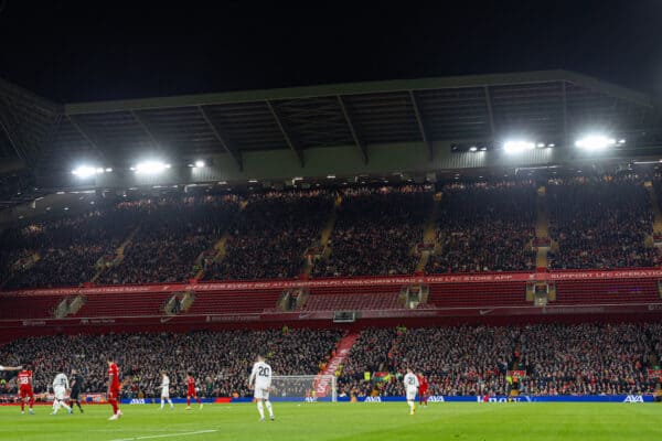 LIVERPOOL, ENGLAND - Sunday, December 17, 2023: A general view of Anfield and the newly opened upper tier of the Anfield Road stand seen during the FA Premier League match between Liverpool FC and Manchester United FC. (Photo by David Rawcliffe/Propaganda) This image is a composite of multiple images.