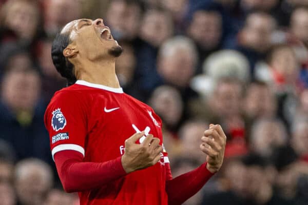 LIVERPOOL, ENGLAND - Sunday, December 17, 2023: Liverpool's captain Virgil van Dijk reacts during the FA Premier League match between Liverpool FC and Manchester United FC at Anfield. The game ended in a goal-less draw. (Photo by David Rawcliffe/Propaganda)