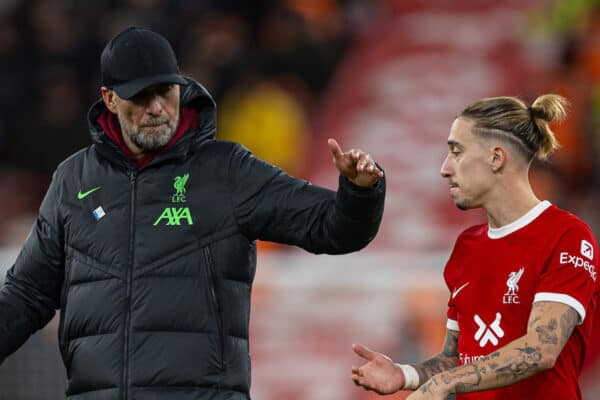 LIVERPOOL, ENGLAND - Sunday, December 17, 2023: Liverpool's manager Jürgen Klopp (L) and Kostas Tsimikas after the FA Premier League match between Liverpool FC and Manchester United FC at Anfield. The game ended in a goal-less draw. (Photo by David Rawcliffe/Propaganda)