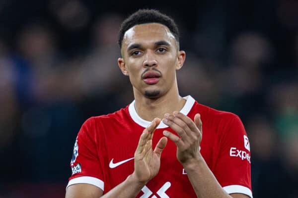 LIVERPOOL, ENGLAND - Sunday, December 17, 2023: Liverpool's Trent Alexander-Arnold applauds the supporters after the FA Premier League match between Liverpool FC and Manchester United FC at Anfield. The game ended in a goal-less draw. (Photo by David Rawcliffe/Propaganda)