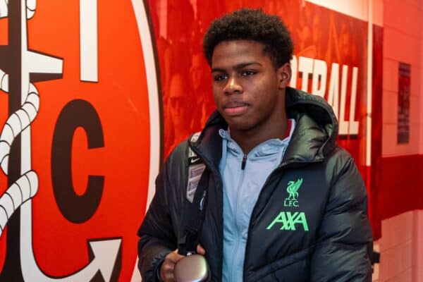 FLEETWOOD, ENGLAND - Tuesday, December 19, 2023: Liverpool's Keyrol Figueroa arrives before the FA Youth Cup 3rd Round match between Fleetwood Town FC Under-18's and Liverpool FC Under-18's at Highbury Stadium. Liverpool won 2-1. (Photo by David Rawcliffe/Propaganda)