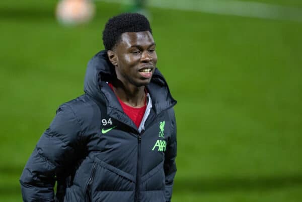 FLEETWOOD, ENGLAND - Tuesday, December 19, 2023: Liverpool's Amara Nallo on the pitch before the FA Youth Cup 3rd Round match between Fleetwood Town FC Under-18's and Liverpool FC Under-18's at Highbury Stadium. Liverpool won 2-1. (Photo by David Rawcliffe/Propaganda)