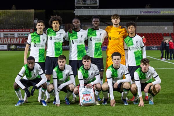 FLEETWOOD, ENGLAND - Tuesday, December 19, 2023: Liverpool players line-up for a team group photograph before the FA Youth Cup 3rd Round match between Fleetwood Town FC Under-18's and Liverpool FC Under-18's at Highbury Stadium. Back row L-R: Lucas Pitt, Jayden Danns, Wellity Lucky, Amara Nallo, goalkeeper Kornel Misciur, Trent Kone-Doherty. Front row L-R: Trey Nyoni, Josh Davidson, Michael Laffey, Kieran Morrison, Lewis Koumas. (Photo by David Rawcliffe/Propaganda)