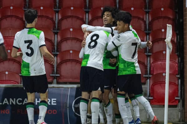 FLEETWOOD, ENGLAND - Tuesday, December 19, 2023: Liverpool's Jayden Danns (#C) celebrates after scoring the opening goal during the FA Youth Cup 3rd Round match between Fleetwood Town FC Under-18's and Liverpool FC Under-18's at Highbury Stadium. (Photo by David Rawcliffe/Propaganda)