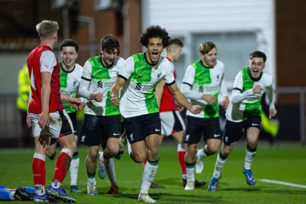 FLEETWOOD, ENGLAND - Tuesday, December 19, 2023: Liverpool's Jayden Danns (C) celebrates after scoring the winning second goal in injury time during the FA Youth Cup 3rd Round match between Fleetwood Town FC Under-18's and Liverpool FC Under-18's at Highbury Stadium. Liverpool won 2-1. (Photo by David Rawcliffe/Propaganda)