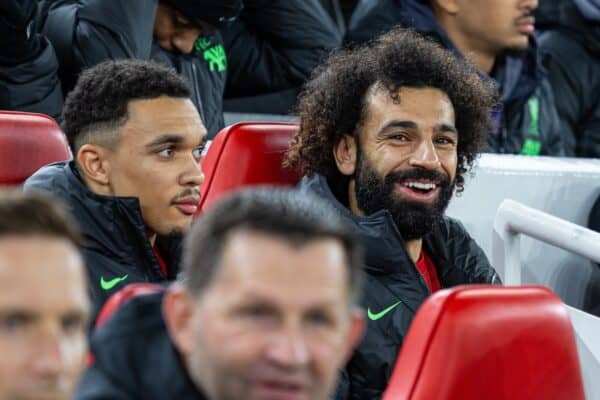 LIVERPOOL, ENGLAND - Wednesday, December 20, 2023: Liverpool's substitutes Trent Alexander-Arnold (L) and Mohamed Salah during the Football League Cup Quarter-Final match between Liverpool FC and West Ham United FC at Anfield. (Photo by David Rawcliffe/Propaganda)