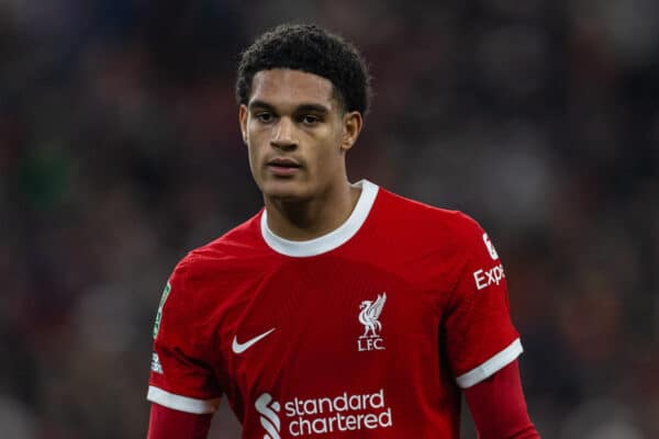 LIVERPOOL, ENGLAND - Wednesday, December 20, 2023: Liverpool's Jarell Quansah during the Football League Cup Quarter-Final match between Liverpool FC and West Ham United FC at Anfield. (Photo by David Rawcliffe/Propaganda)