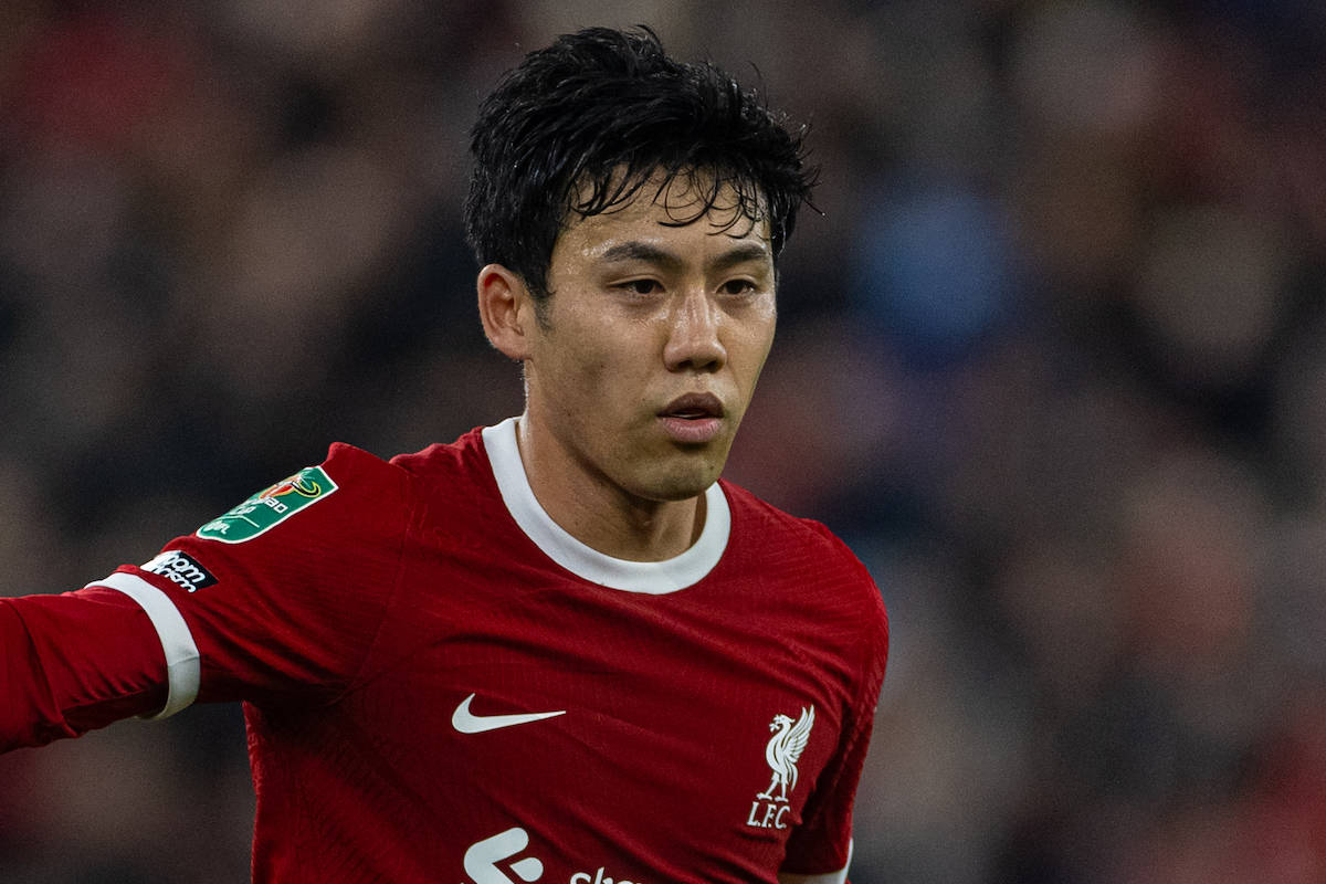 LIVERPOOL, ENGLAND - Wednesday, December 20, 2023: Liverpool's Wataru End? during the Football League Cup Quarter-Final match between Liverpool FC and West Ham United FC at Anfield. (Photo by David Rawcliffe/Propaganda)