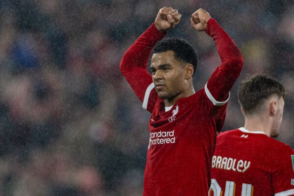 LIVERPOOL, ENGLAND - Wednesday, December 20, 2023: Liverpool's Cody Gakpo celebrates after scoring the third goal during the Football League Cup Quarter-Final match between Liverpool FC and West Ham United FC at Anfield. (Photo by David Rawcliffe/Propaganda)