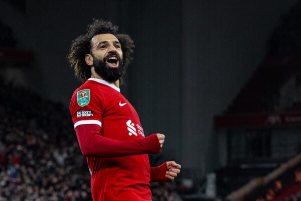 LIVERPOOL, ENGLAND - Wednesday, December 20, 2023: Liverpool's Mohamed Salah celebrates after scoring the fourth goal during the Football League Cup Quarter-Final match between Liverpool FC and West Ham United FC at Anfield. (Photo by David Rawcliffe/Propaganda)