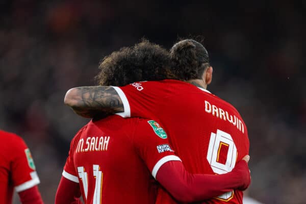 LIVERPOOL, ENGLAND - Wednesday, December 20, 2023: Liverpool's Mohamed Salah (L) celebrates with team-mate Darwin Núñez after scoring the fourth goal during the Football League Cup Quarter-Final match between Liverpool FC and West Ham United FC at Anfield. (Photo by David Rawcliffe/Propaganda)