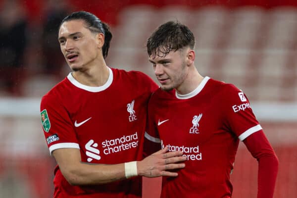 LIVERPOOL, ENGLAND - Wednesday, December 20, 2023: Liverpool's Darwin Núñez (L) and Conor Bradley after the Football League Cup Quarter-Final match between Liverpool FC and West Ham United FC at Anfield. (Photo by David Rawcliffe/Propaganda)