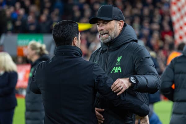  Liverpool's manager Jürgen Klopp (R) and Arsenal's manager Mikel Arteta during the FA Premier League match between Liverpool FC and Arsenal FC at Anfield. (Photo by David Rawcliffe/Propaganda)