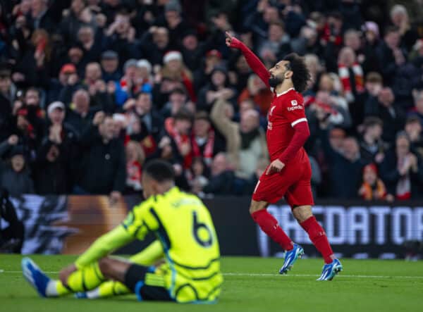 LIVERPOOL, ENGLAND - Saturday, December 23, 2023: Liverpool's Mohamed Salah celebrates after scoring the equalising goal during the FA Premier League match between Liverpool FC and Arsenal FC at Anfield. (Photo by David Rawcliffe/Propaganda)