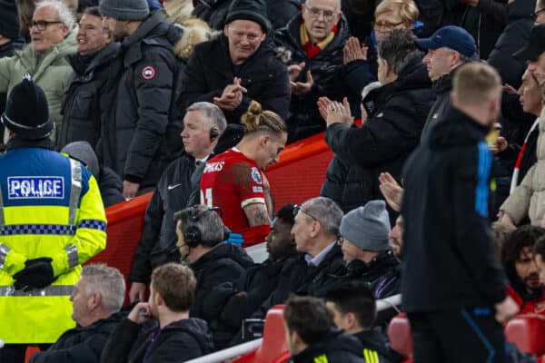 LIVERPOOL, ENGLAND - Saturday, December 23, 2023: Liverpool's Kostas Tsimikas is treated for a broken collarbone during the FA Premier League match between Liverpool FC and Arsenal FC at Anfield. (Photo by David Rawcliffe/Propaganda)