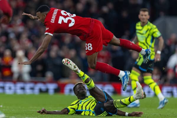 LIVERPOOL, ENGLAND - Saturday, December 23, 2023: Arsenal's Bukayo Saka, already on a yellow card, takes out Liverpool's Ryan Gravenberch with a reckless challenge but no second yellow is shown, during the FA Premier League match between Liverpool FC and Arsenal FC at Anfield. (Photo by David Rawcliffe/Propaganda)