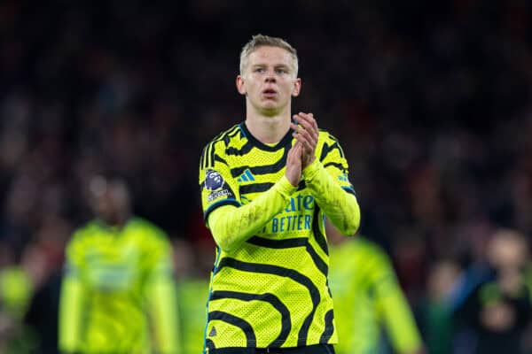 LIVERPOOL, ENGLAND - Saturday, December 23, 2023: Arsenal's Oleksandr Zinchenko applauds the supporters after the FA Premier League match between Liverpool FC and Arsenal FC at Anfield. (Photo by David Rawcliffe/Propaganda)