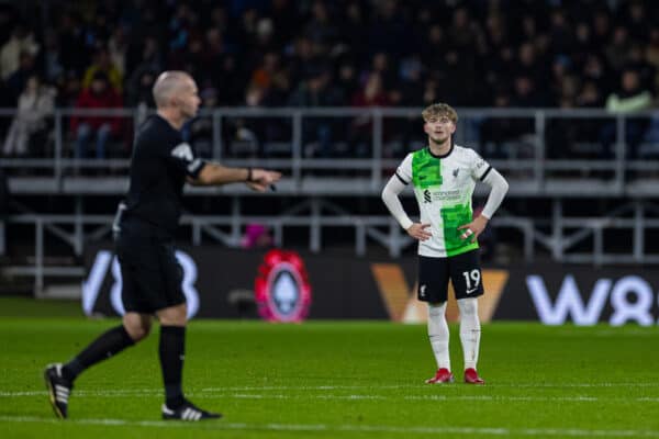 BURNLEY, ENGLAND - Tuesday, December 26, 2023: Liverpool's Harvey Elliott looks on as referee Paul Tierney goes to the VAR screen, before his goal is disallowed, during the FA Premier League match between Burnley FC and Liverpool FC at Turf Moor. Liverpool won 2-0. (Photo by David Rawcliffe/Propaganda)