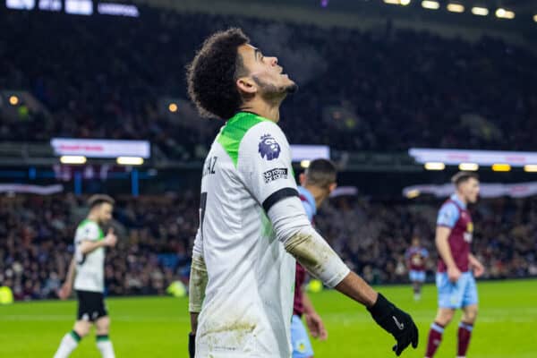 BURNLEY, ENGLAND - Tuesday, December 26, 2023: Liverpool's Luis Díaz looks dejected after missing a chance during the FA Premier League match between Burnley FC and Liverpool FC at Turf Moor. Liverpool won 2-0. (Photo by David Rawcliffe/Propaganda)