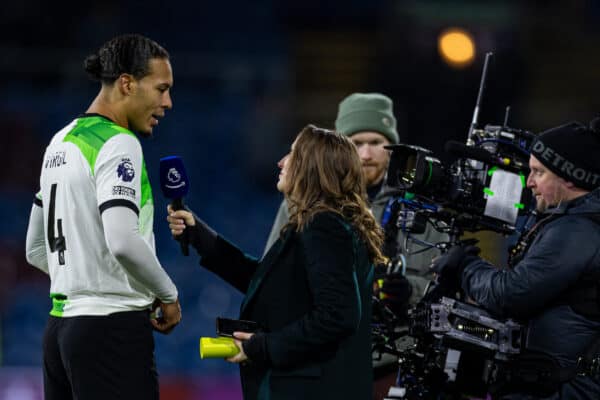 BURNLEY, ENGLAND - Tuesday, December 26, 2023: Liverpool's captain Virgil van Dijk is interviewed after the FA Premier League match between Burnley FC and Liverpool FC at Turf Moor. Liverpool won 2-0. (Photo by David Rawcliffe/Propaganda)