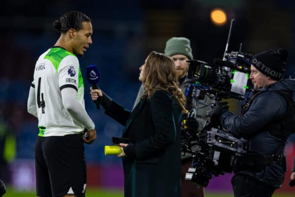 BURNLEY, ENGLAND - Tuesday, December 26, 2023: Liverpool's captain Virgil van Dijk is interviewed after the FA Premier League match between Burnley FC and Liverpool FC at Turf Moor. Liverpool won 2-0. (Photo by David Rawcliffe/Propaganda)
