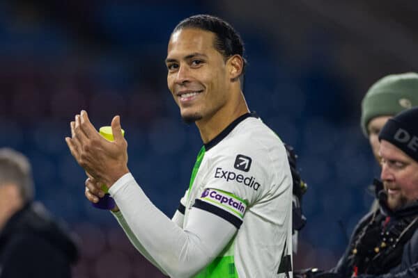 BURNLEY, ENGLAND - Tuesday, December 26, 2023: Liverpool's captain Virgil van Dijk applauds the supporters after the FA Premier League match between Burnley FC and Liverpool FC at Turf Moor. Liverpool won 2-0. (Photo by David Rawcliffe/Propaganda)