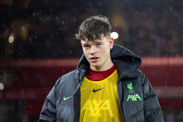 LIVERPOOL, ENGLAND - Monday, January 1, 2024: Liverpool's substitute James McConnell during the FA Premier League match between Liverpool FC and Newcastle United FC on New Year's Day at Anfield. Liverpool won 4-2. (Photo by David Rawcliffe/Propaganda)